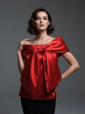 Mare Mare Anthropologie Red Satin Off The Shoulder Oversized Bow Top Size XS